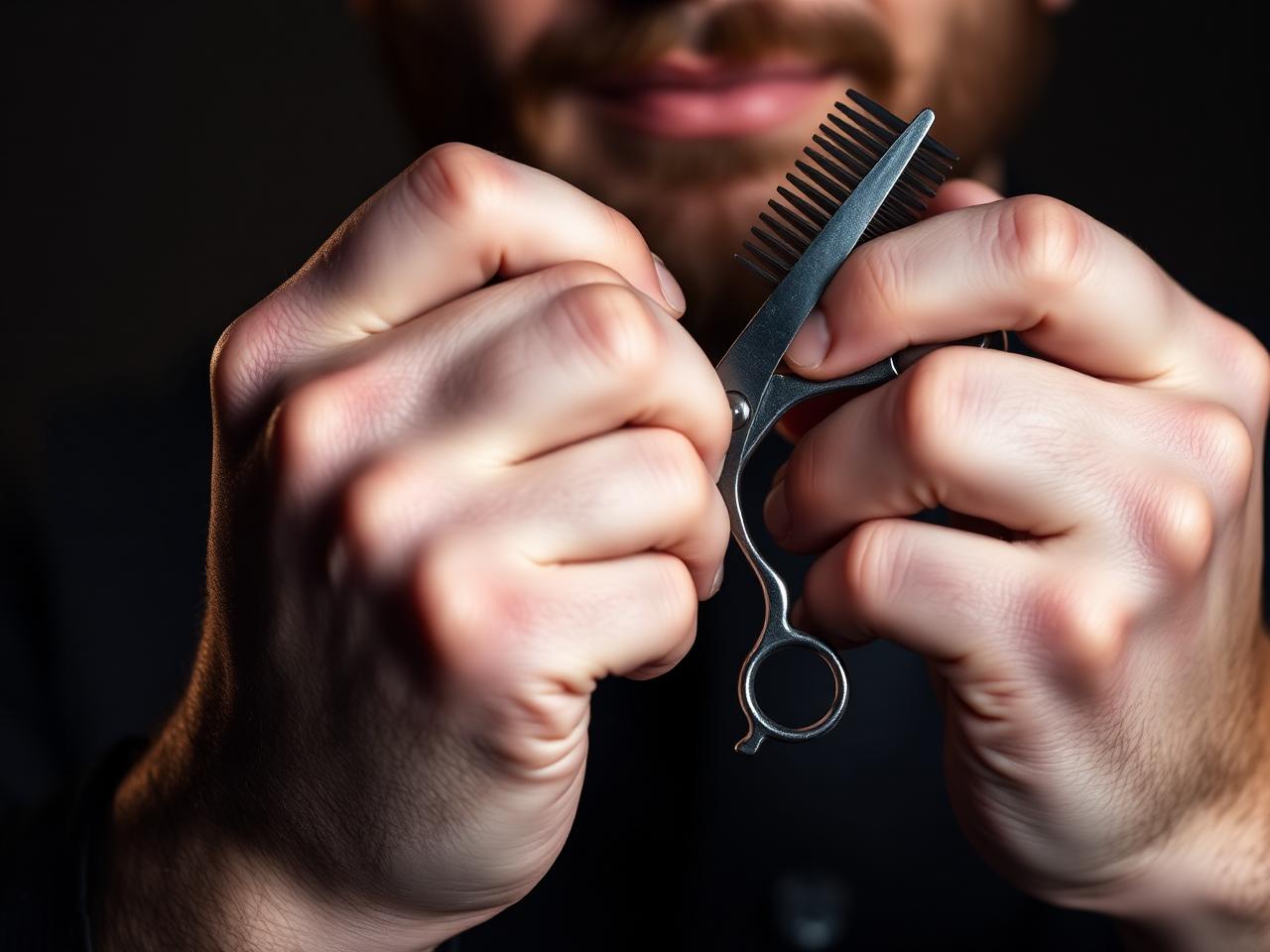 Skilled barber holding professional scissors and comb